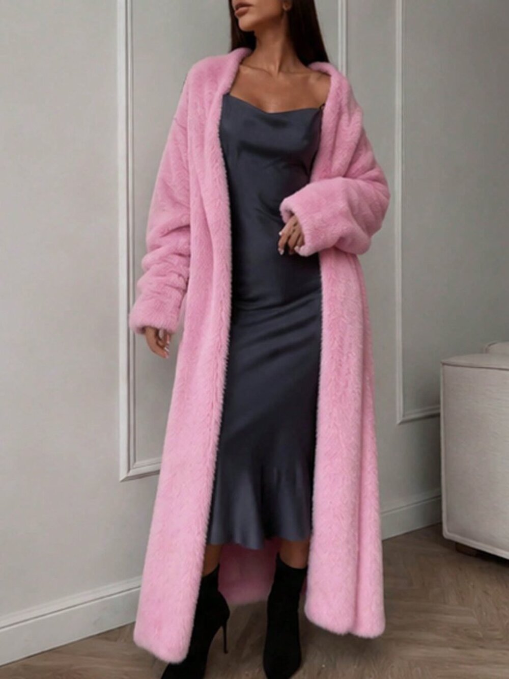 Pink Casual Women's Fuzzy Drop Shoulder V Neck Long Open Front Sweater Coat